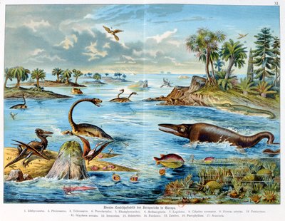 先史時代-ジュラ紀-ヨーロッパの自然環境の復元とこの時期の動物の一部、1886 作： German School
