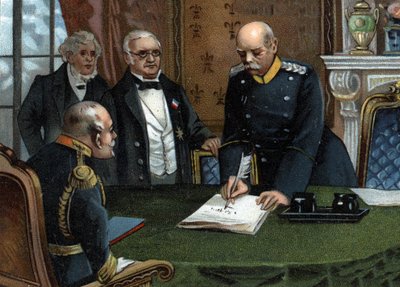 普仏戦争終結後の1871年2月26日にヴェルサイユで調印された予備的な平和条約。 フランスを代表する共和国行政長官アドルフ・ティエール氏と外務大臣ジュール・ファーブル氏の間で締結された。 作： German School