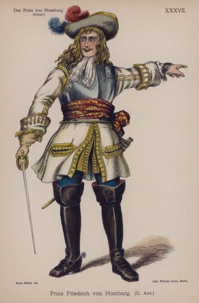 ハインリッヒ・フォン・クライスト作「Der Prinz von Homburg (The Prince of Homburg)」よりFriedrich of Homburg王子（カラーリトグラフ）。 作： German School