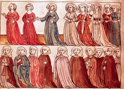 ボヘミアンの女性たちの行列。ウルリッヒ・リヒテンタール（1360-1437）の「コンスタンツ公会議の年代記」からのミニチュア 1438年頃 プラハ、国立図書館 作： German School
