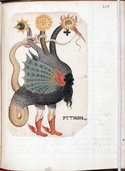 Python - ドイツのマスターの作品、Recueil alchimie et rosicrucien から抽出された羊皮紙の水彩画、1760 年頃 - (Python (from: Alchemical and Rosicrucian Compendium)、ドイツのマスターによる羊皮紙の水彩画、ca 1760) - イェール大学、ニューヘブン 作： German School