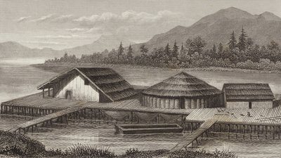 古代の湖の村の復元。ビルダーアトラスのためのイラスト（彫刻 作： German School
