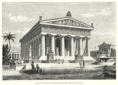 イタリア・パエストゥムの古代ギリシャのポセイドン神殿の復元（リトグラフ 作： German School