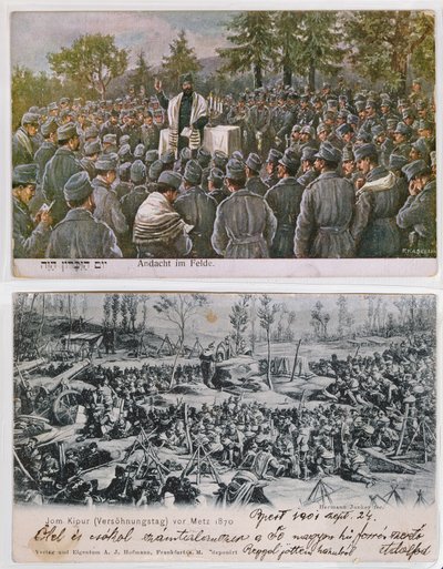 戦場での宗教的サービス、第一次世界大戦中に祈祷を捧げていたドイツのユダヤ人兵士を示す上の画像、1870年の仏プロイセン戦争中のメッツでのヨムキップル礼拝の下 作： German School