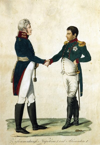 ナポレオン (1769-1821) と皇帝アレクサンドル 1 世 (1777-1825) の会談。 （ナポレオンとアレクサンダー1世の会談）。 匿名の作品、彫刻、水彩 作： German School