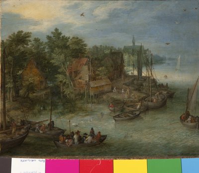 着陸のある川の風景、1603年 作： German School