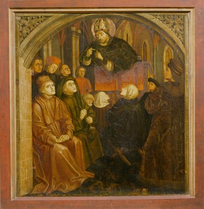 聖アンブローズがミラノで説教し、聖オーガスティンの祭壇画を形成しました。1480年頃 作： German School
