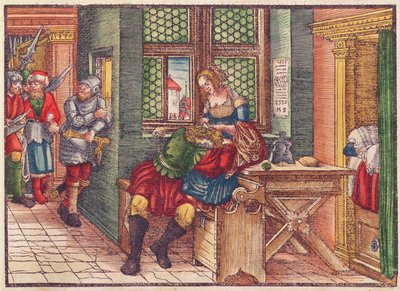 サムソンとデリラ、ルター聖書、1530年頃（色の木版画） 作： German School