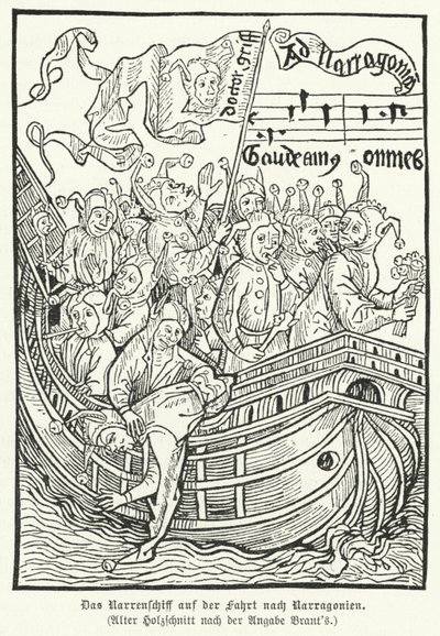 セバスチャン・ブラントの風刺的寓話「愚か者の船」の一場面（版画 作： German School