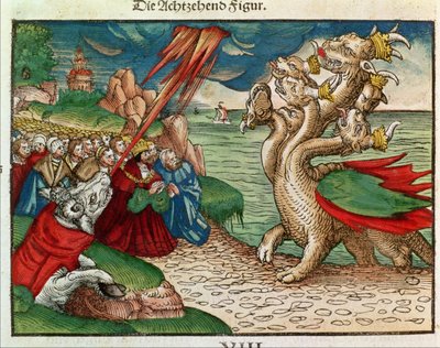 啓示の書、ルター聖書、1530年頃の7頭の蛇（色付きの木版画） 作： German School
