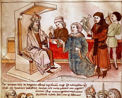 神聖な帝国の皇帝であるルクセンブルクのシギスムント1世（1368-1437）は、従順な民族の貢ぎ物を受け取っています。ウルリッヒ・リヒテンタール（1360-1437）の「コンスタンツ公会議年代記」のミニチュア 1438年頃 プラハ、国立図書館蔵 作： German School