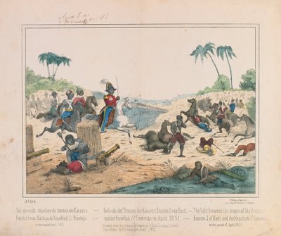 1851年4月にハイチのファスティン1世皇帝とドミニカ共和国のサントドミンゴの軍隊の間の小競り合い。シュルツヴェラーグ、シュトゥットガルト、1851年 作： German School