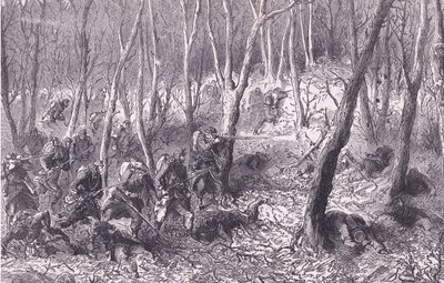 パリ郊外の森の中での小競り合い（Cassells History of the War between France and Germany, published by Cassell and Company Limited, c.1890）（リトグラフ版 作： German School
