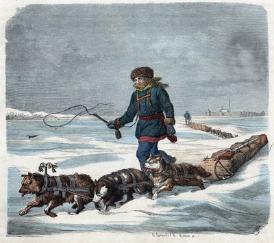 アメリカの雪の中のソリ犬。フランツ・ヴィーデマンのドイツの物語「Wenn Jemand eine Reise thut, so kann er was erzahlen（誰かが旅をするとき、これは彼が語ることができるものだ）」の中で 作： German School