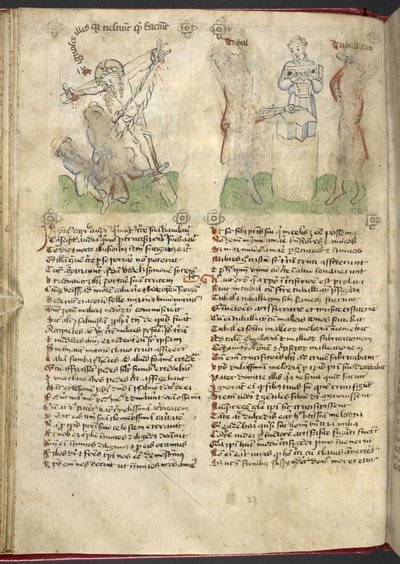 Sloane 361, f.25v 十字架の引き上げ。 「Speculum Humanae Salvation」のユバルとトバル・カイン（ベラムにインクとカラー） 作： German School