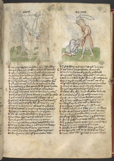 Sloane 361, f.26 イザヤの殉教。 モアブ王が息子を生け贄に捧げる、「Speculum Humanae Salvation」より (羊皮紙にインクとカラー) 作： German School