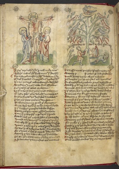 Sloane 361, f.26v Nebuchadnezzar は夢の中で木を見ます。 「Speculum Humanae Salvation」の磔刑（ベラムにインクとカラー） 作： German School