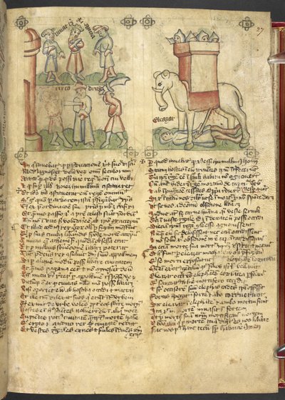 Sloane 361, f.27 コドルス王は自分の民のために殺されることをあきらめ、エレアザール・マカベウスは象を刺し、それによって押しつぶされました。 作： German School