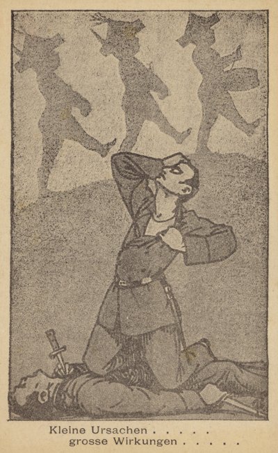 小さな原因大きな影響。ドイツの反戦イラスト、WILPF（平和と自由のための国際女性連盟）発行、1920年代後半（リトグラフ）。 作： German School