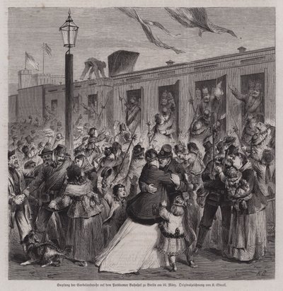 1871年3月22日、普仏戦争からの帰還者をベルリンのポツダム駅で出迎えたプロイセン・ガーデルラントヴェールの兵士たち（エングレーヴィング 作： German School