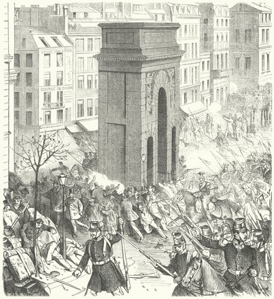 1851年12月のフランスのクーデターの際のパリの街頭での兵士たち(エングレービング) 作： German School