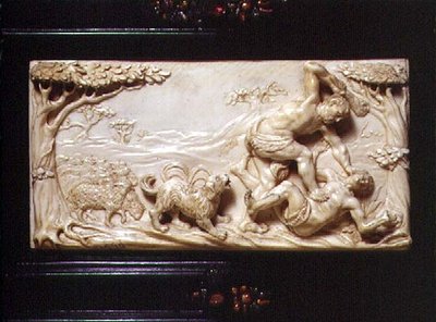 南ドイツのKunstcabinet、カインとアベルを描いた刻まれた飾り額の詳細、1690年 作： German School