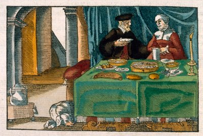 夕食のテーブル、ドイツの原稿、c.1650（手彩色の彫刻）から 作： German School