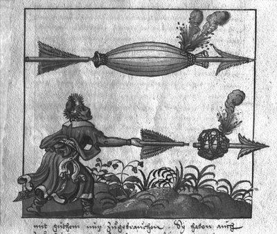 砲兵の戦術的使用：Incendiary Arrows、16世紀後半のWolff de SenftenbergによるLArt de lArtillerieのイラスト 作： German School