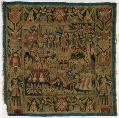 ピュラモスとティスベを描いたタペストリー・クッションカバー、ドイツ、ハンブルグ製、1615年頃（羊毛） 作： German School