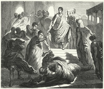 タルキニウス・スーパーバスが義父セルヴィウス・トゥルスを暗殺してローマの王位を主張する様子（版画 作： German School