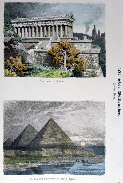 マンチェナービルダーボーゲン、1886年に発行された一連の世界の七不思議シリーズのエフェソスのダイアナ神殿とギザのピラミッド（カラー彫刻） 作： German School