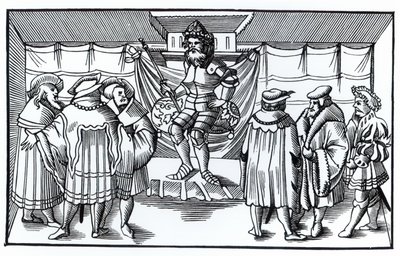 ミュンスター宇宙飛行士の木版画の後の男爵の法廷は、1552年を公開しました 作： German School