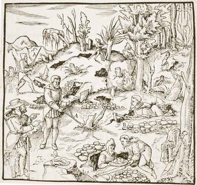 19世紀後半に出版されたマジックの歴史に描かれているフランクフルト1580のGeorg AgricolaによるBergwerk BuchのDivining Rod 作： German School