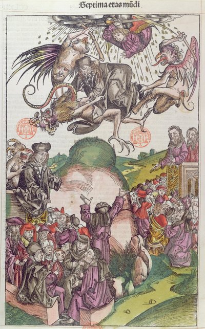サイモン・メイガスの堕落、ニュルンベルクのハルトマン・シェデル作「La Chronique de Nuremberg」（1492年、色の木版画） 作： German School