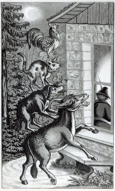 窓際で叫ぶ4匹の動物、ブレーメンの音楽家たちのイラスト、グリム兄弟の物語 作： German School
