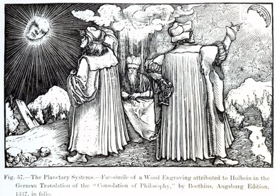 1537年に出版された、Boethiusによる哲学の慰めからの惑星系、中世およびルネサンスの科学および文学からのイラスト、Paul Lacrによって書かれて彫刻された 作： German School