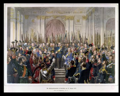 1871年1月18日、ヴェルサイユの鏡の間で、新しいドイツ帝国のカイザーとしてのヴィルヘルムの宣言（カラー彫刻） 作： German School