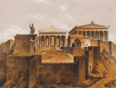 古代ギリシャ、アテネのプロピュライア（カラーリトグラフ） 作： German School