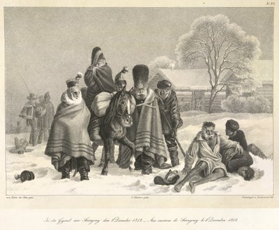 モスクワからの退却、1812 年 12 月 3 日、「野原の過程で、私のポートフォリオからの葉」のイラスト 作： German School