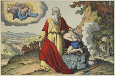アブラハムによるイサクの犠牲、LAncien Testamentからのイラスト、Jakob Ferdinand Schreiber、エスリンゲン発行（カラー彫刻） 作： German School