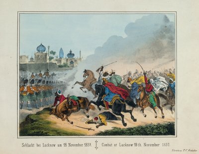 1857年のインド反乱時のウッタルプラデーシュ州のラクナウ包囲戦、PCガイスラー、ニュルンベルク、1857年に発行された絵の大判 作： German School