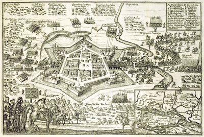 1663年のトルコによるノイハウゼルの包囲、ヨーロッパでのオスマン帝国のキャンペーンに関する本のイラスト、ポールファースト（c.1605-66）の彫刻 作： German School