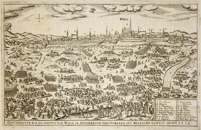 1529年のウィーンの包囲、ヨーロッパでのオスマン帝国のキャンペーンに関する本のイラスト、ポールフュルスト作（c.1605-66） 作： German School