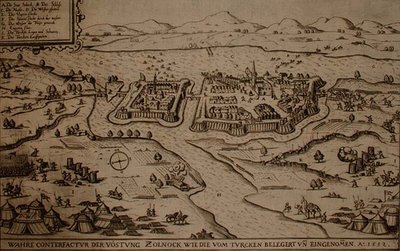 1552年のトルコ人によるゾルノックの包囲、オスマン・トルコのヨーロッパでの作戦に関する本の挿絵、Paul Furst (c.1605-66) (エングレーヴィング) 作： German School