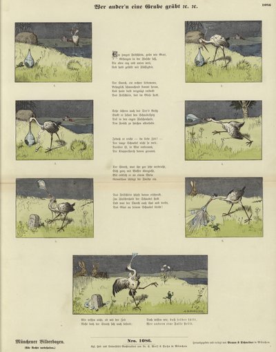 コウノトリと花瓶の中のカエル」（彩色済み彫刻 作： German School
