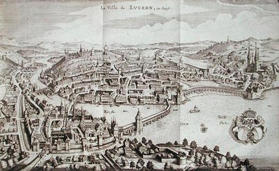 スイス・ルツェルンの町（Johann Jacob Scheuchzeri著「Itinera Alpina」1706年刊より）（彫刻 作： German School