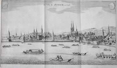 1706年に出版されたヨハンヤコブシュクツァーリイティネラアルピナのII巻から、スイスのチューリッヒの町 作： German School