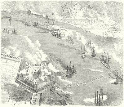 1862年のアメリカ南北戦争、ルイジアナ州フォートジャクソンとフォートフィリップを攻撃する北軍艦隊 作： German School