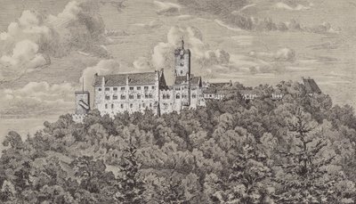 ドイツ・テューリンゲン州アイゼナハの町を見下ろす城「ヴァルトブルク」（リトグラフ版 作： German School