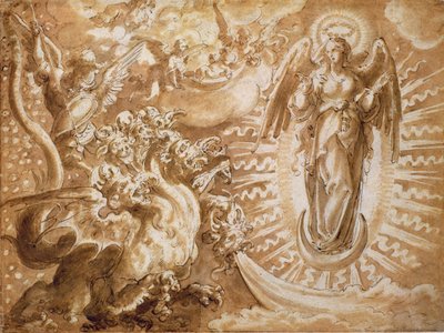 太陽と七頭の竜で服を着た女、1600年頃（黒チョークの上にペンとインクで洗う） 作： German School
